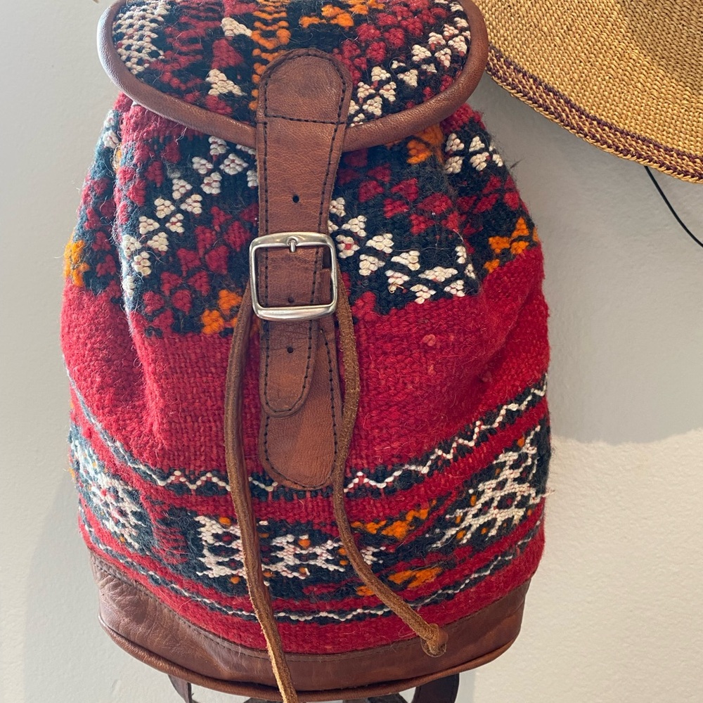 Handwoven Moroccan Kilim Carpet Large Backpack Leather Boho Hippie Western